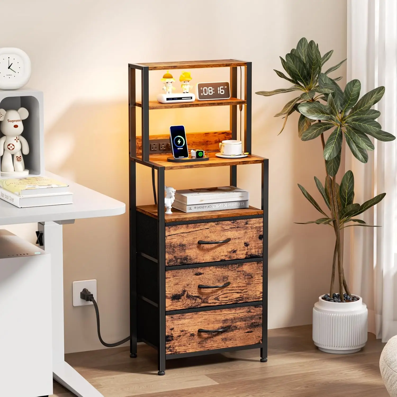 Night Stand, Tall Nightstand with 4-Tier Shelves and 3 Fabric Drawers, LED Bed Side Tables with Charging Station, Bedside Table