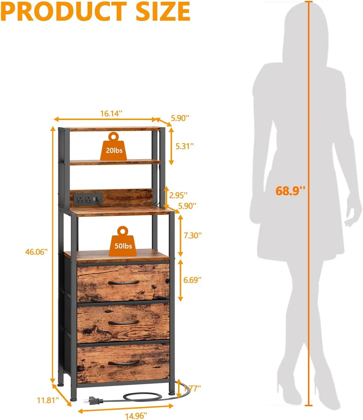 Night Stand, Tall Nightstand with 4-Tier Shelves and 3 Fabric Drawers, LED Bed Side Tables with Charging Station, Bedside Table
