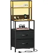 Night Stand, Tall Nightstand with 4-Tier Shelves and 3 Fabric Drawers, LED Bed Side Tables with Charging Station, Bedside Table Night Stand, Tall Nightstand with 4-Tier Shelves and 3 Fabric Drawers, LED Bed Side Tables with Charging Station, Bedside Table