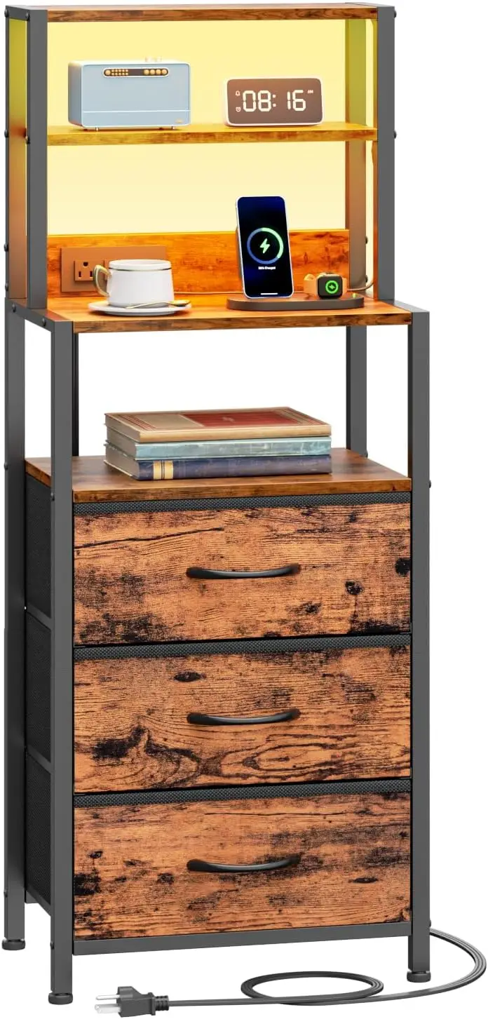 Night Stand, Tall Nightstand with 4-Tier Shelves and 3 Fabric Drawers, LED Bed Side Tables with Charging Station, Bedside Table