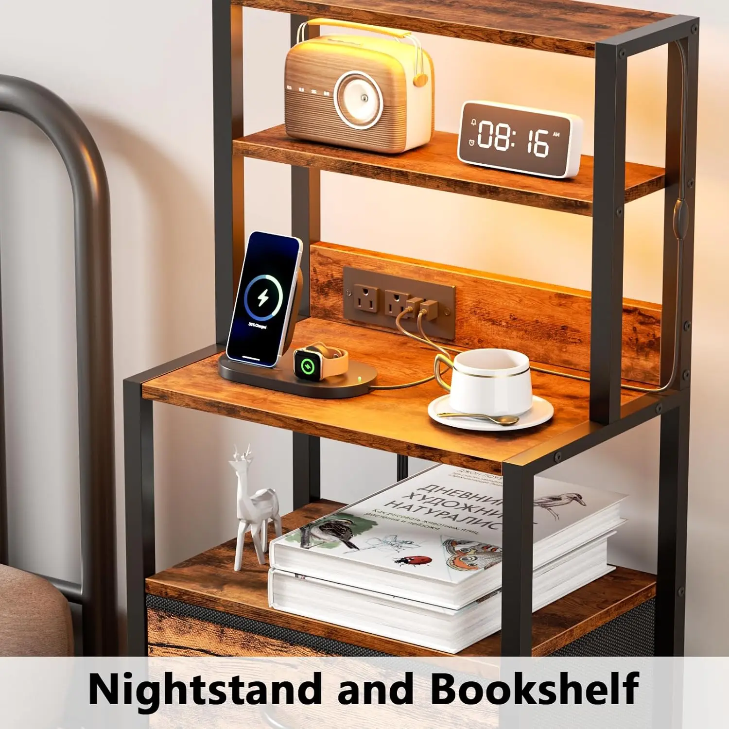 Night Stand, Tall Nightstand with 4-Tier Shelves and 3 Fabric Drawers, LED Bed Side Tables with Charging Station, Bedside Table
