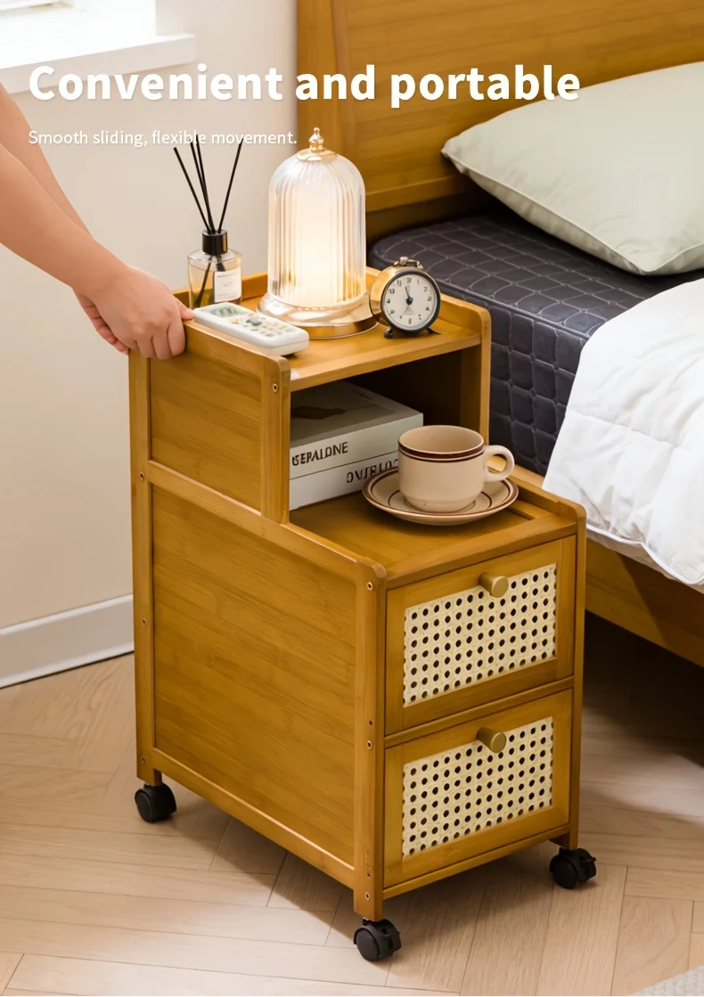 Modern Bamboo Nightstand w/ Drawer, Mobile Side Table for Small Spaces, Sturdy Storage Cabinet.