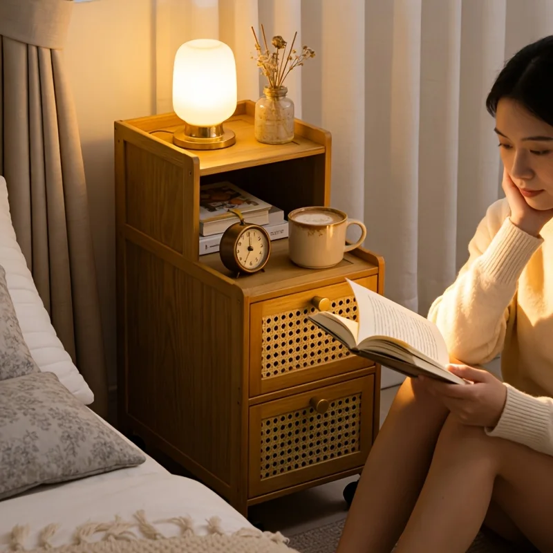 Modern Bamboo Nightstand w/ Drawer, Mobile Side Table for Small Spaces, Sturdy Storage Cabinet.