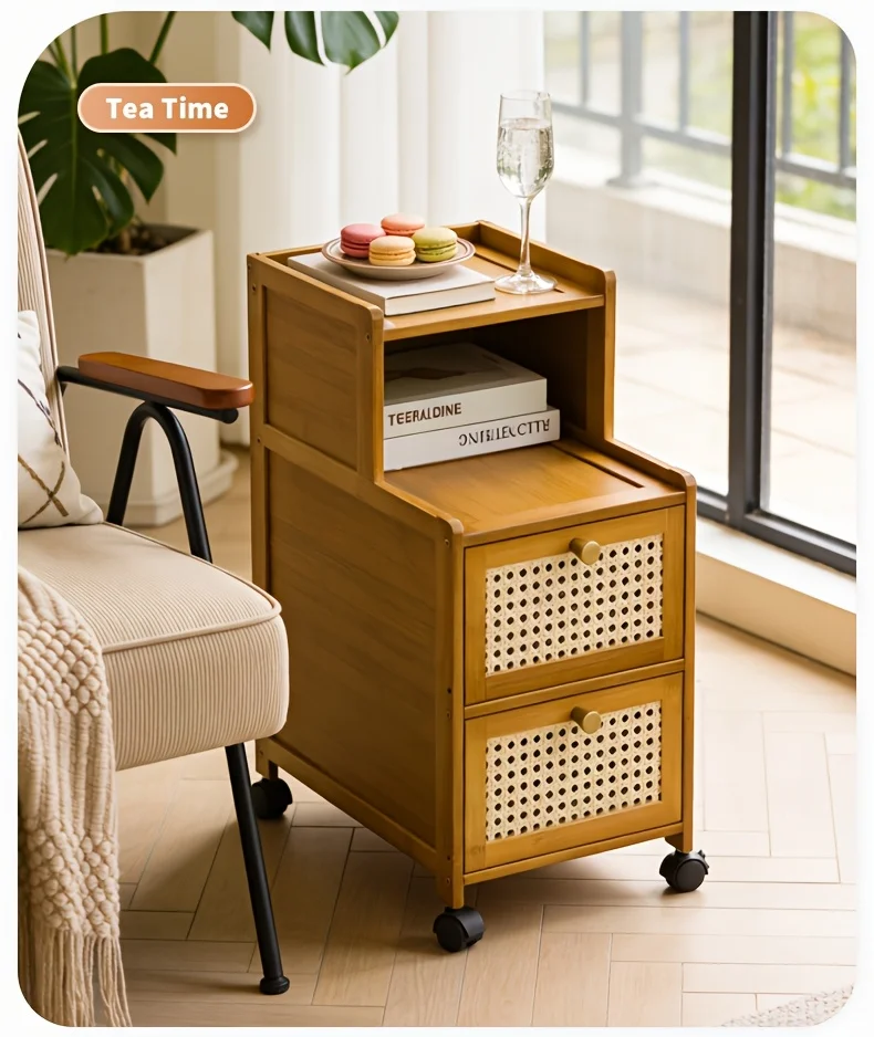 Modern Bamboo Nightstand w/ Drawer, Mobile Side Table for Small Spaces, Sturdy Storage Cabinet.