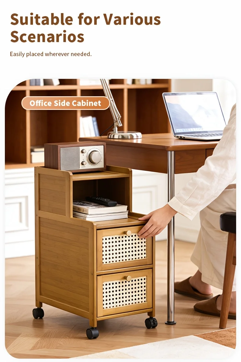 Modern Bamboo Nightstand w/ Drawer, Mobile Side Table for Small Spaces, Sturdy Storage Cabinet.