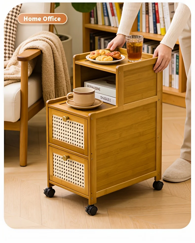 Modern Bamboo Nightstand w/ Drawer, Mobile Side Table for Small Spaces, Sturdy Storage Cabinet.