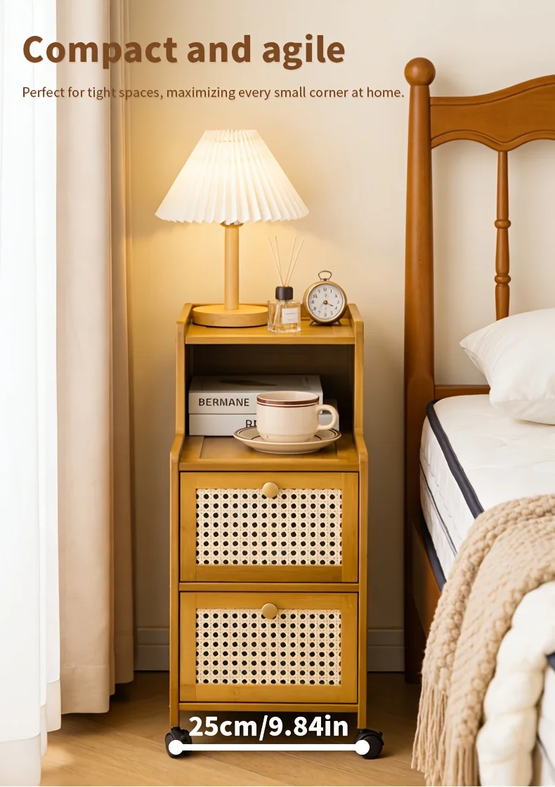Modern Bamboo Nightstand w/ Drawer, Mobile Side Table for Small Spaces, Sturdy Storage Cabinet.