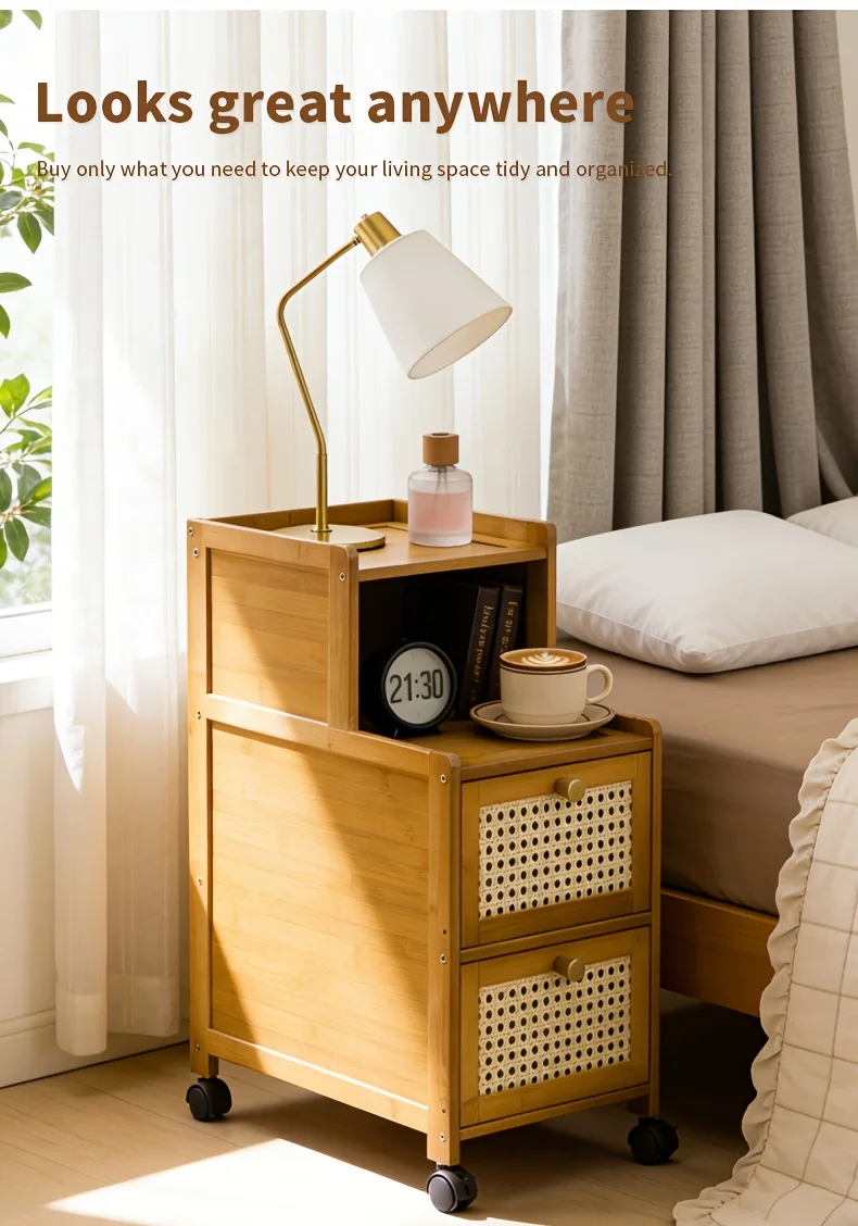 Modern Bamboo Nightstand w/ Drawer, Mobile Side Table for Small Spaces, Sturdy Storage Cabinet.