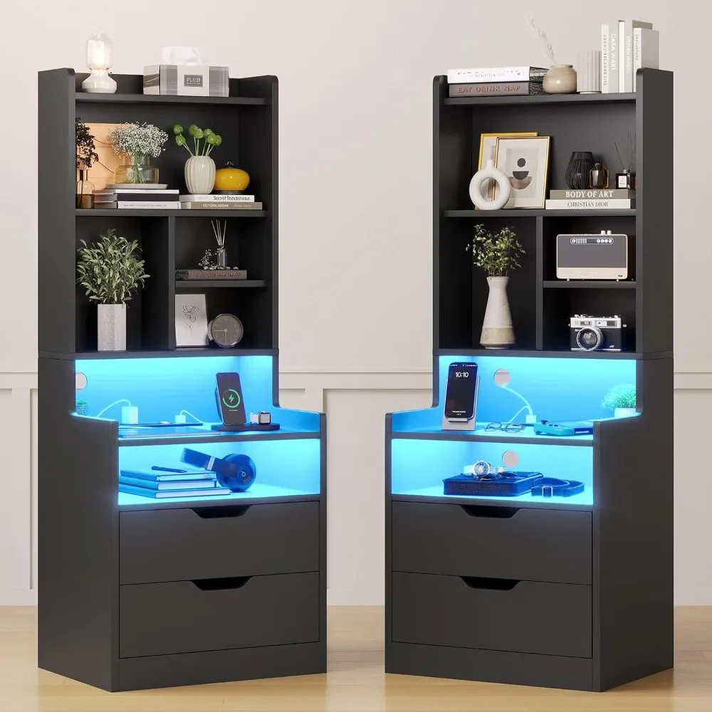 Charging Nightstand Set of 2 with LED Lights,Tall Night Stand with Bookshelf,Bedside Table with Drawers