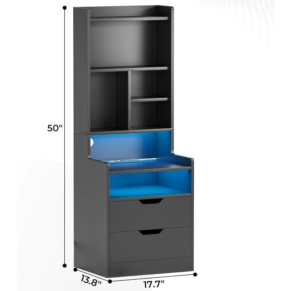 Charging Nightstand Set of 2 with LED Lights,Tall Night Stand with Bookshelf,Bedside Table with Drawers