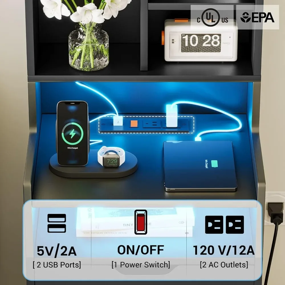 Charging Nightstand Set of 2 with LED Lights,Tall Night Stand with Bookshelf,Bedside Table with Drawers