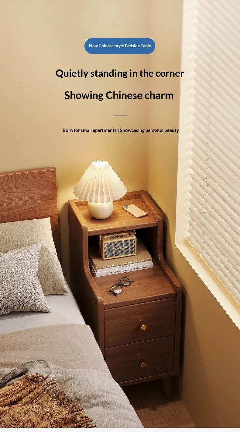 Modern New Chinese Style Nightstand - Narrow Solid Wood Bedside Table with Storage Drawer, Minimalist Bedroom Furniture Modern New Chinese Style Nightstand - Narrow Solid Wood Bedside Table with Storage Drawer, Minimalist Bedroom Furniture