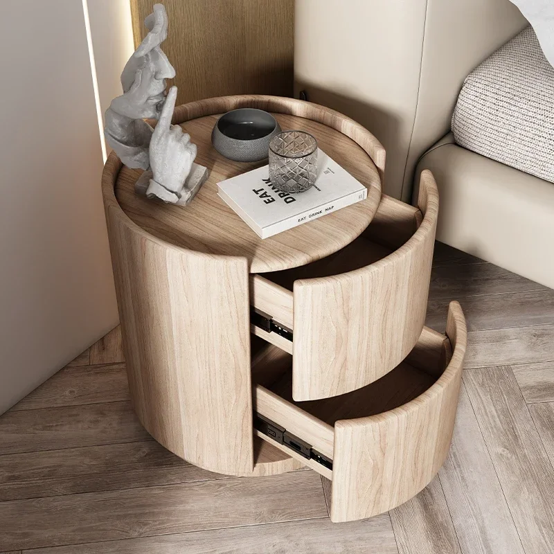 New Nordic Solid Wood Round Bedside Table, Modern Simple Small Bedroom Storage Cabinet, Living Room Afas Cabinet, Home Furniture