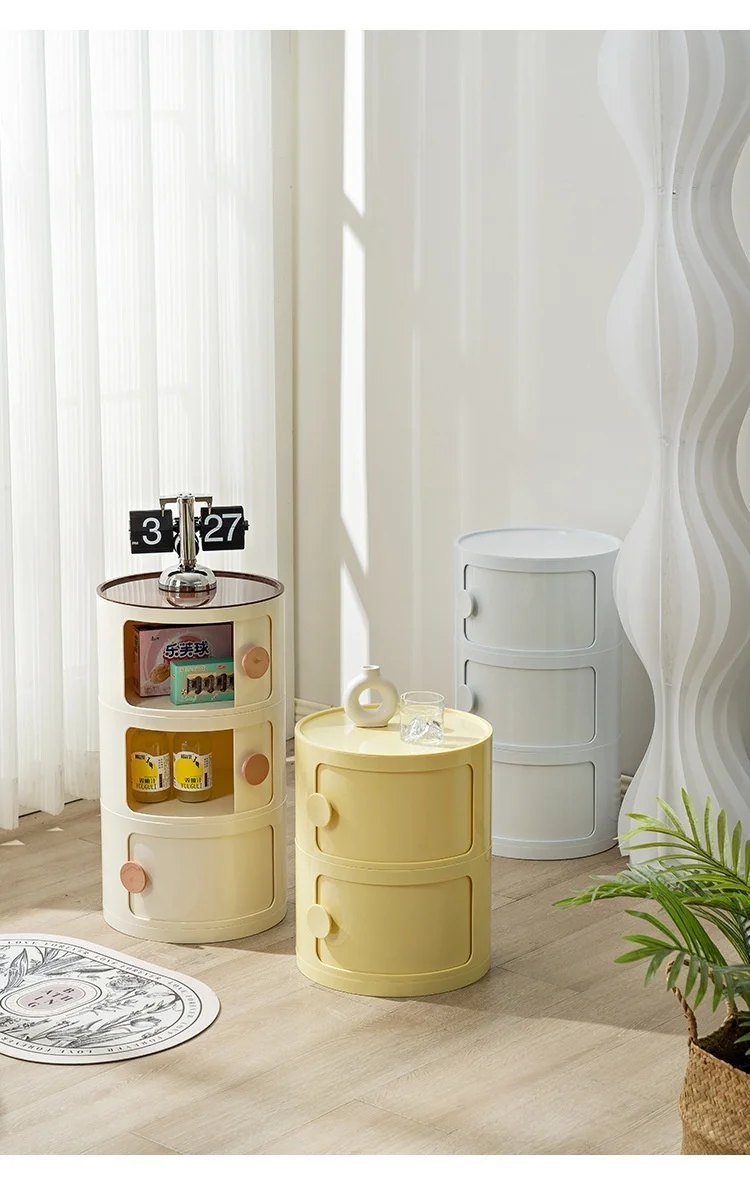 Household Nordic Bedside Table with Handle Portable Creative Round Storage Cabinet Bedroom Multi-Layer Modern Simple Plastic Sid