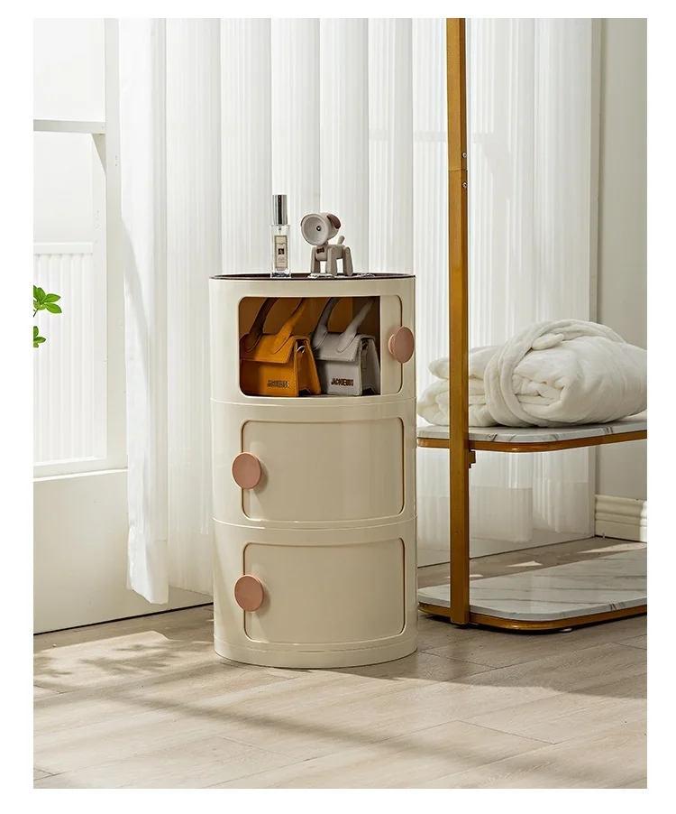 Household Nordic Bedside Table with Handle Portable Creative Round Storage Cabinet Bedroom Multi-Layer Modern Simple Plastic Sid