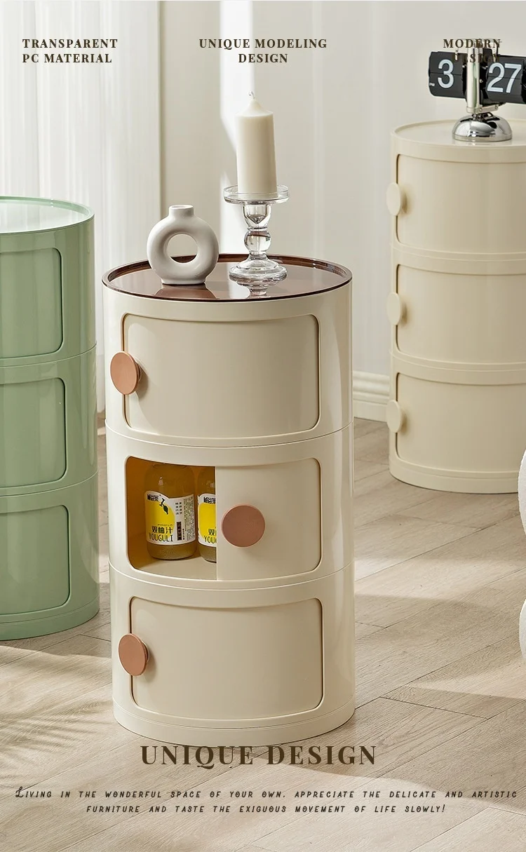 Household Nordic Bedside Table with Handle Portable Creative Round Storage Cabinet Bedroom Multi-Layer Modern Simple Plastic Sid
