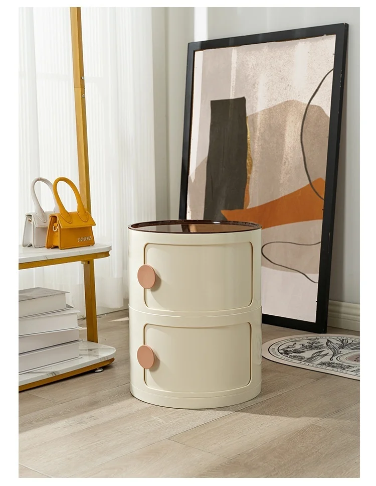 Household Nordic Bedside Table with Handle Portable Creative Round Storage Cabinet Bedroom Multi-Layer Modern Simple Plastic Sid