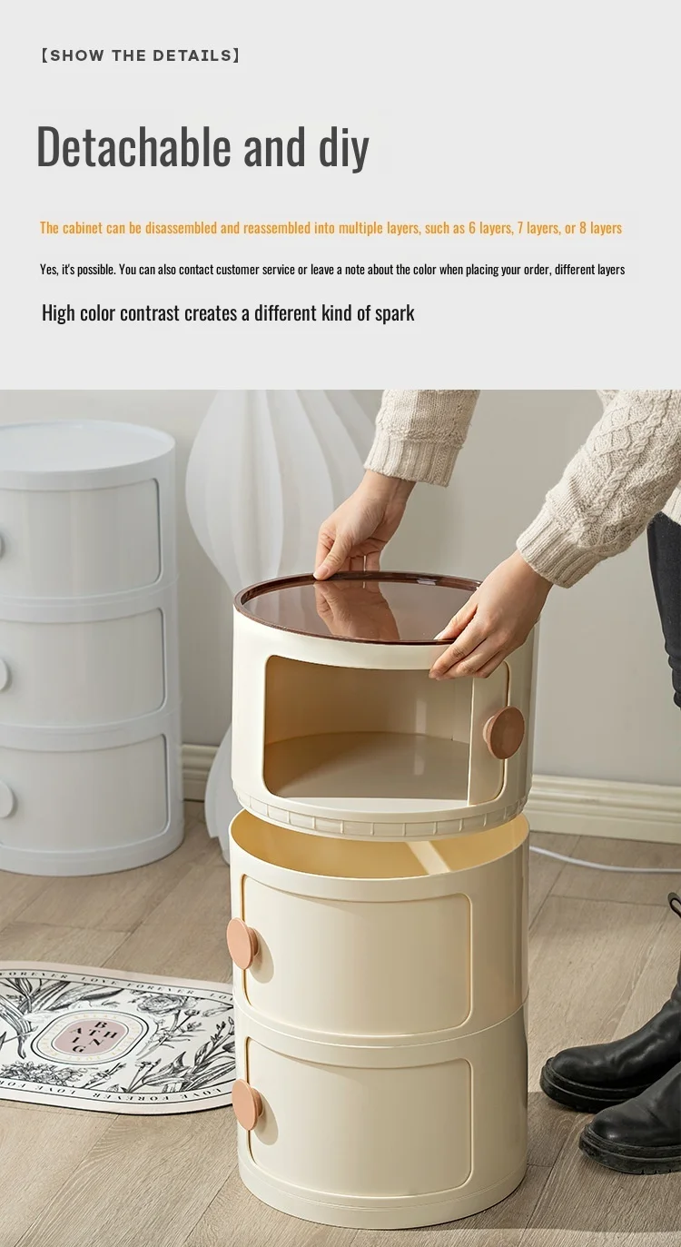Household Nordic Bedside Table with Handle Portable Creative Round Storage Cabinet Bedroom Multi-Layer Modern Simple Plastic Sid