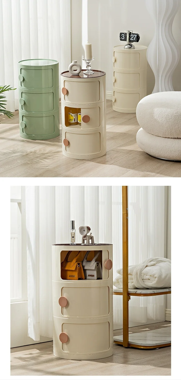 Household Nordic Bedside Table with Handle Portable Creative Round Storage Cabinet Bedroom Multi-Layer Modern Simple Plastic Sid