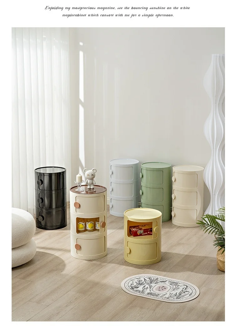 Household Nordic Bedside Table with Handle Portable Creative Round Storage Cabinet Bedroom Multi-Layer Modern Simple Plastic Sid