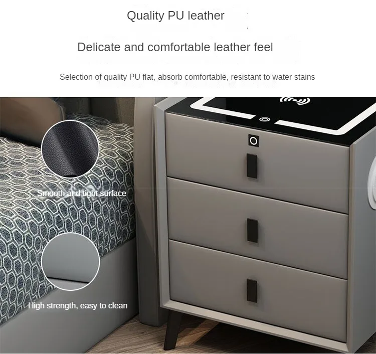 Luxurious Solid Wood Nightstand Three-Drawer Smart Bedside Table Compact Bedroom Leather Accents Integrated Wireless Charging Luxurious Solid Wood Nightstand Three-Drawer Smart Bedside Table Compact Bedroom Leather Accents Integrated Wireless Charging