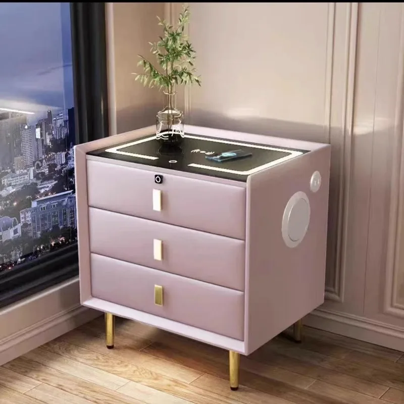 Luxurious Solid Wood Nightstand Three-Drawer Smart Bedside Table Compact Bedroom Leather Accents Integrated Wireless Charging
