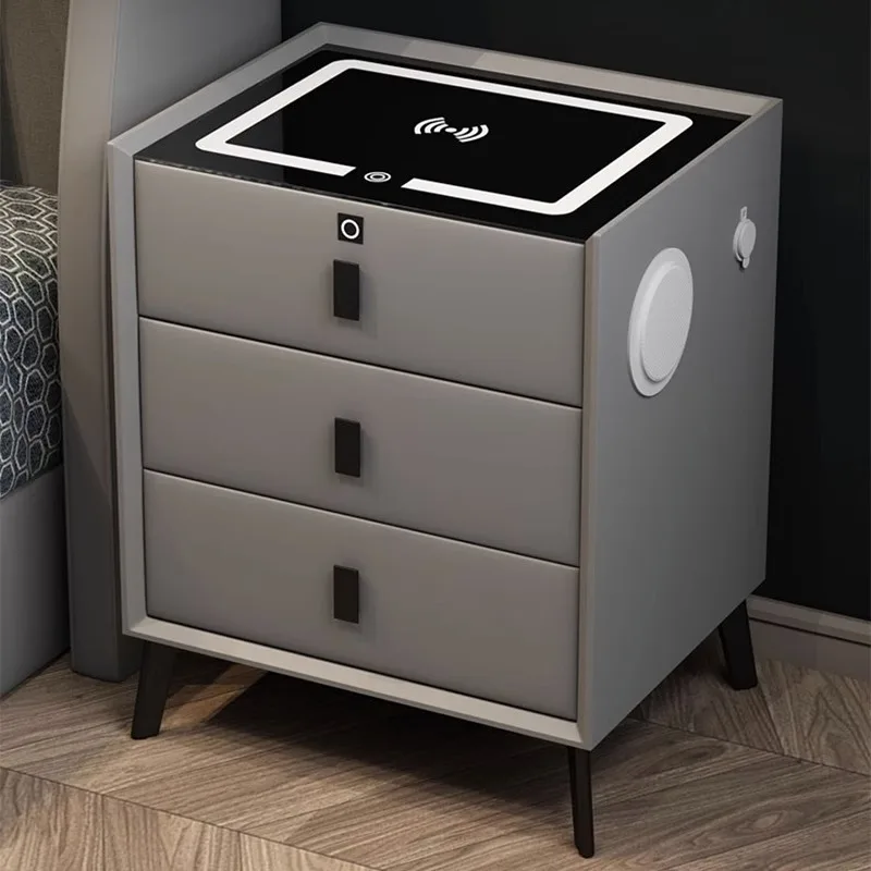 Luxurious Solid Wood Nightstand Three-Drawer Smart Bedside Table Compact Bedroom Leather Accents Integrated Wireless Charging