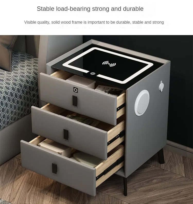 Luxurious Solid Wood Nightstand Three-Drawer Smart Bedside Table Compact Bedroom Leather Accents Integrated Wireless Charging Luxurious Solid Wood Nightstand Three-Drawer Smart Bedside Table Compact Bedroom Leather Accents Integrated Wireless Charging