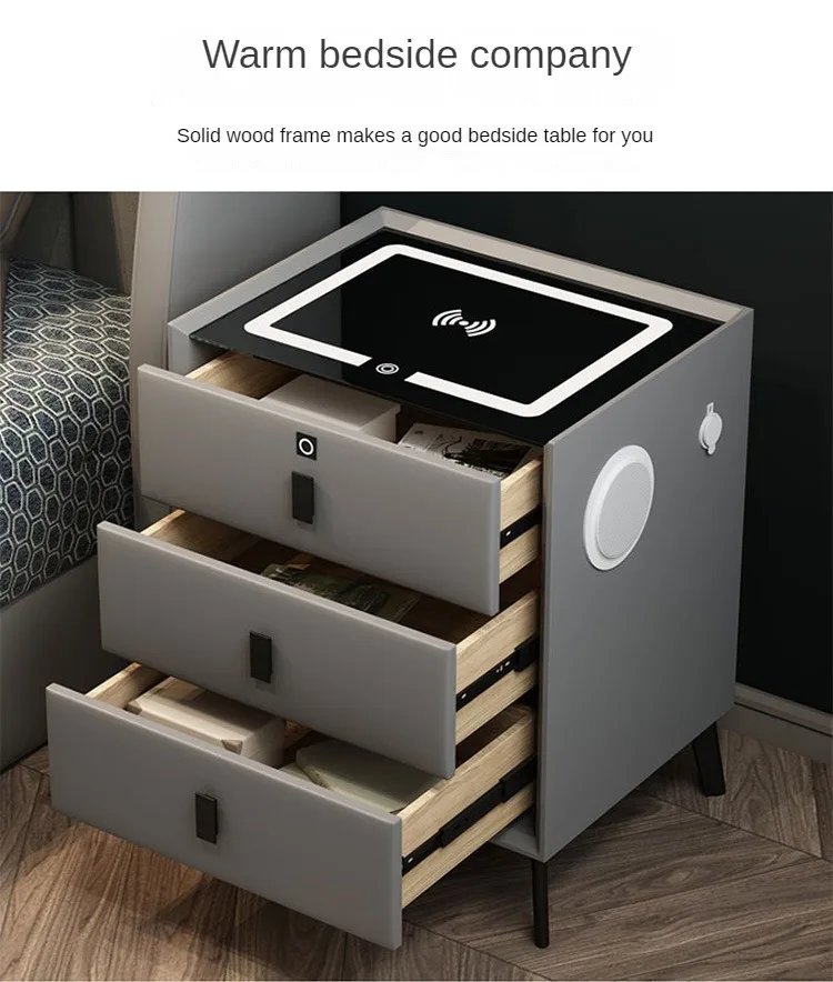 Luxurious Solid Wood Nightstand Three-Drawer Smart Bedside Table Compact Bedroom Leather Accents Integrated Wireless Charging Luxurious Solid Wood Nightstand Three-Drawer Smart Bedside Table Compact Bedroom Leather Accents Integrated Wireless Charging