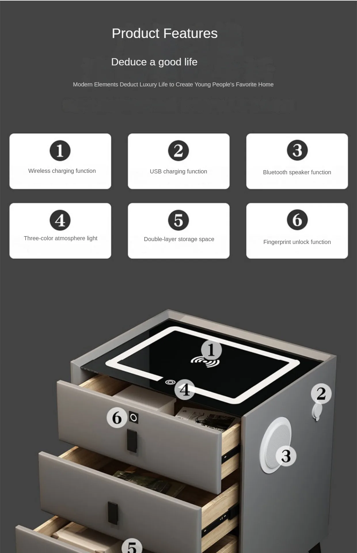 Luxurious Solid Wood Nightstand Three-Drawer Smart Bedside Table Compact Bedroom Leather Accents Integrated Wireless Charging Luxurious Solid Wood Nightstand Three-Drawer Smart Bedside Table Compact Bedroom Leather Accents Integrated Wireless Charging