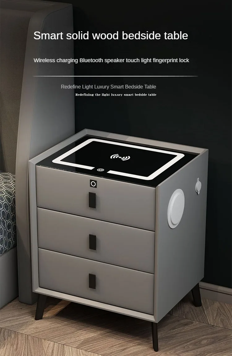 Luxurious Solid Wood Nightstand Three-Drawer Smart Bedside Table Compact Bedroom Leather Accents Integrated Wireless Charging Luxurious Solid Wood Nightstand Three-Drawer Smart Bedside Table Compact Bedroom Leather Accents Integrated Wireless Charging