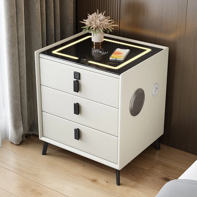 Luxurious Solid Wood Nightstand Three-Drawer Smart Bedside Table Compact Bedroom Leather Accents Integrated Wireless Charging