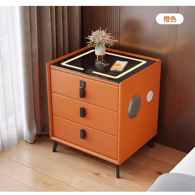 Luxurious Solid Wood Nightstand Three-Drawer Smart Bedside Table Compact Bedroom Leather Accents Integrated Wireless Charging