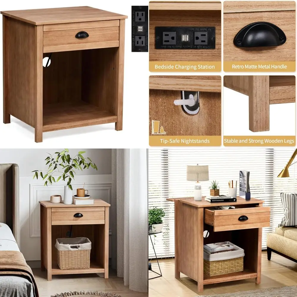 charging station nightstand in farmhouse style, pine wood with drawer for bedroom use charging station nightstand in farmhouse style, pine wood with drawer for bedroom use
