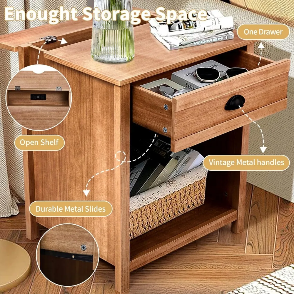 charging station nightstand in farmhouse style, pine wood with drawer for bedroom use charging station nightstand in farmhouse style, pine wood with drawer for bedroom use