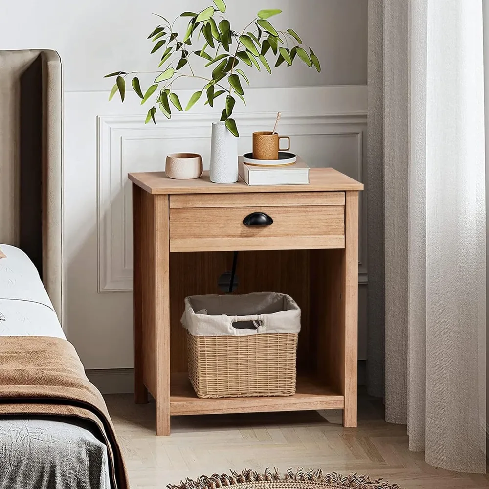 charging station nightstand in farmhouse style, pine wood with drawer for bedroom use