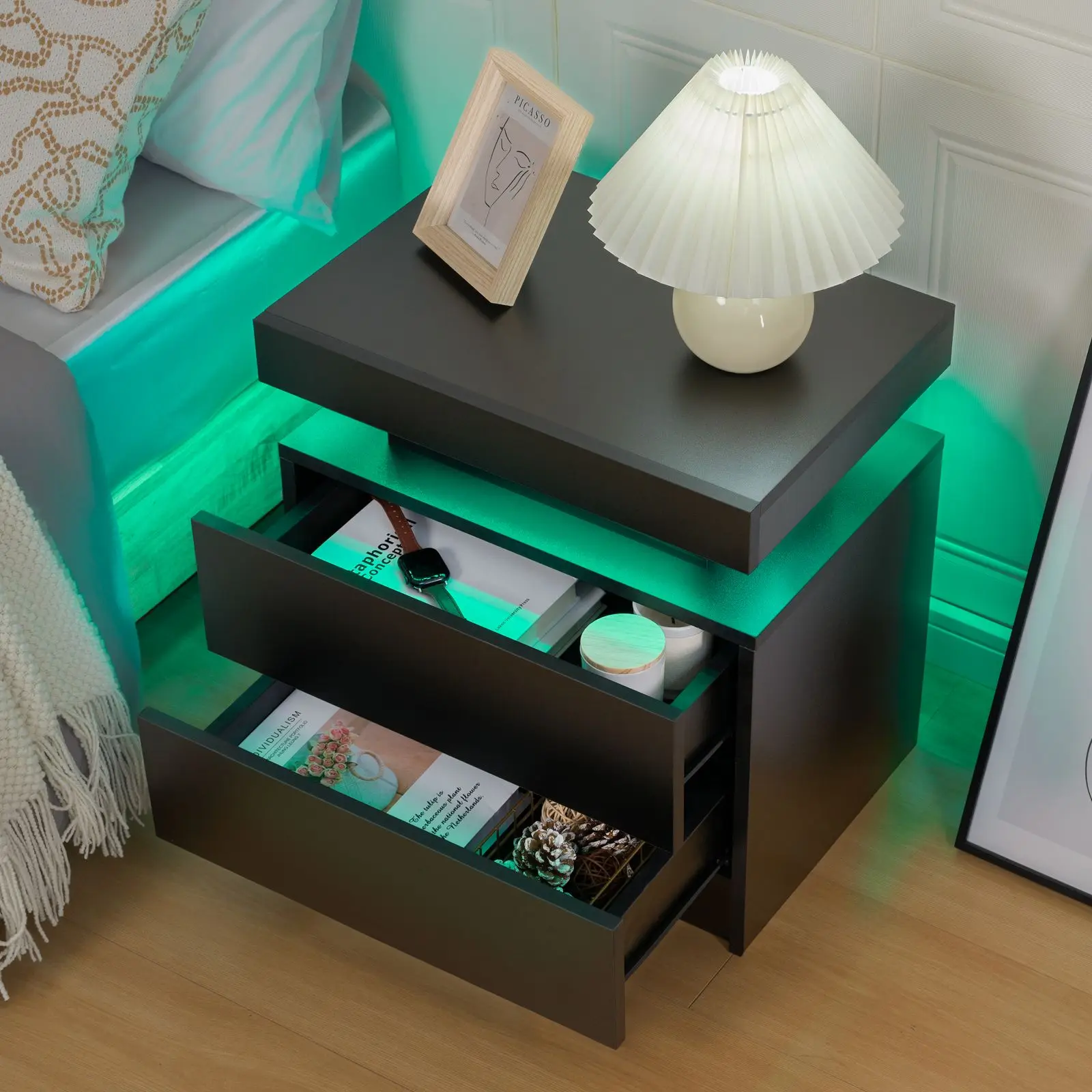 Cubehom LED Nightstands with 2 Drawers, End Table with RGB LED Lights for Bedroom Living Room, White Bedside Table Cubehom LED Nightstands with 2 Drawers, End Table with RGB LED Lights for Bedroom Living Room, White Bedside Table