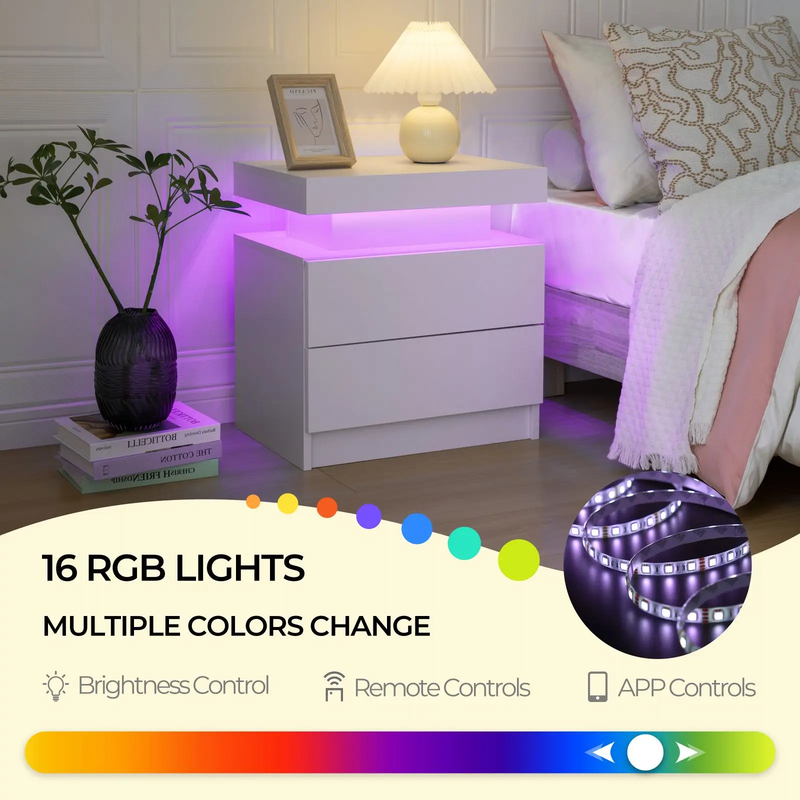 Cubehom LED Nightstands with 2 Drawers, End Table with RGB LED Lights for Bedroom Living Room, White Bedside Table Cubehom LED Nightstands with 2 Drawers, End Table with RGB LED Lights for Bedroom Living Room, White Bedside Table