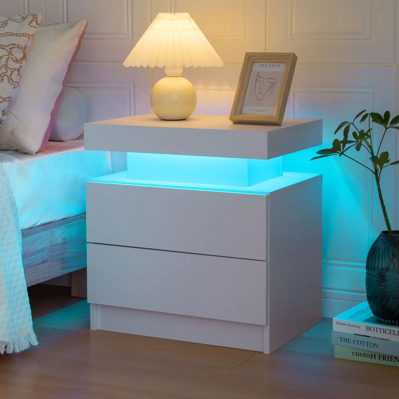 Cubehom LED Nightstands with 2 Drawers, End Table with RGB LED Lights for Bedroom Living Room, White Bedside Table Cubehom LED Nightstands with 2 Drawers, End Table with RGB LED Lights for Bedroom Living Room, White Bedside Table