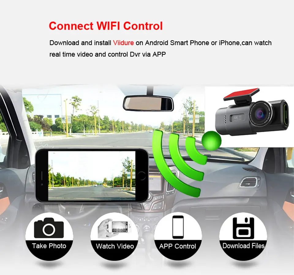 Dash Cam 4K UHD Recording Car Camera DVR Night Vision Video Recorder Built-In Wi-Fi Support GPS 24H Parking