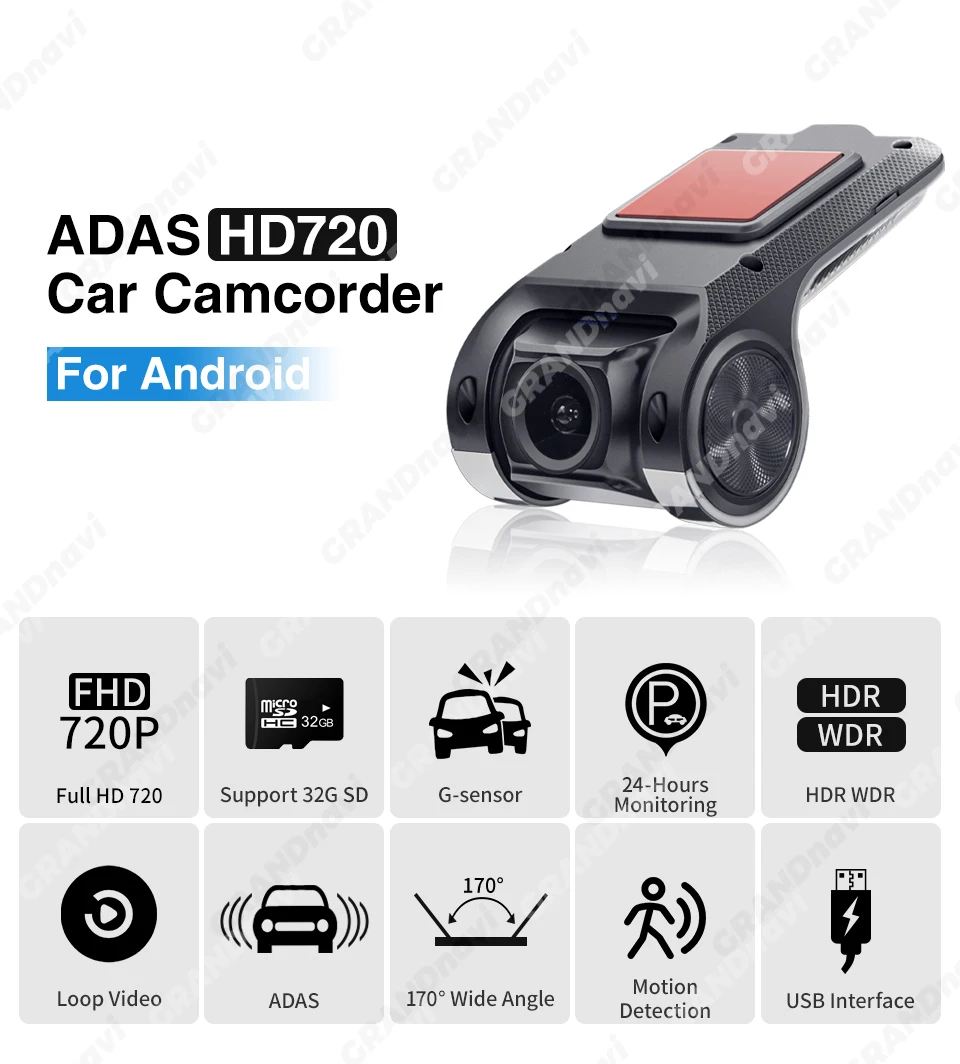 Grandnavi HD Car DVR Dash Cam ADAS Video 720P USB TF Card 16G/32G Auto Recorder for Android Multimedia Player DVD Voice Alarm Grandnavi HD Car DVR Dash Cam ADAS Video 720P USB TF Card 16G/32G Auto Recorder for Android Multimedia Player DVD Voice Alarm