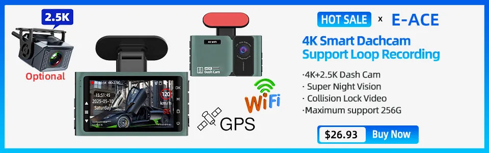 E-ACE 2K Car DVR WIFI GPS Stream Media Mirror Optional 1080P Car Video Camera Night Vision Loop Recording 24H Parking Black Box