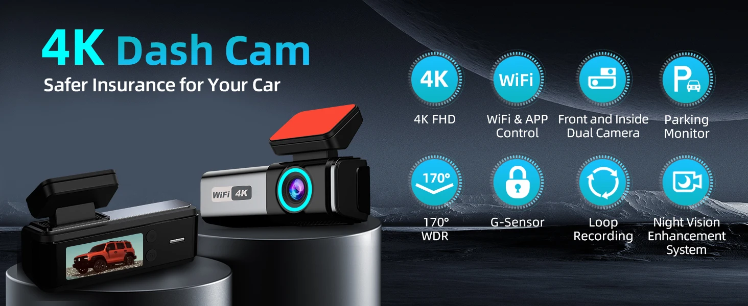 Aprilboy 4K WIFI Dash Cam 2160P Car DVR Support front & rear lens Auto Car Camera with Night Vision G-Sensor 24H Parking Monitor