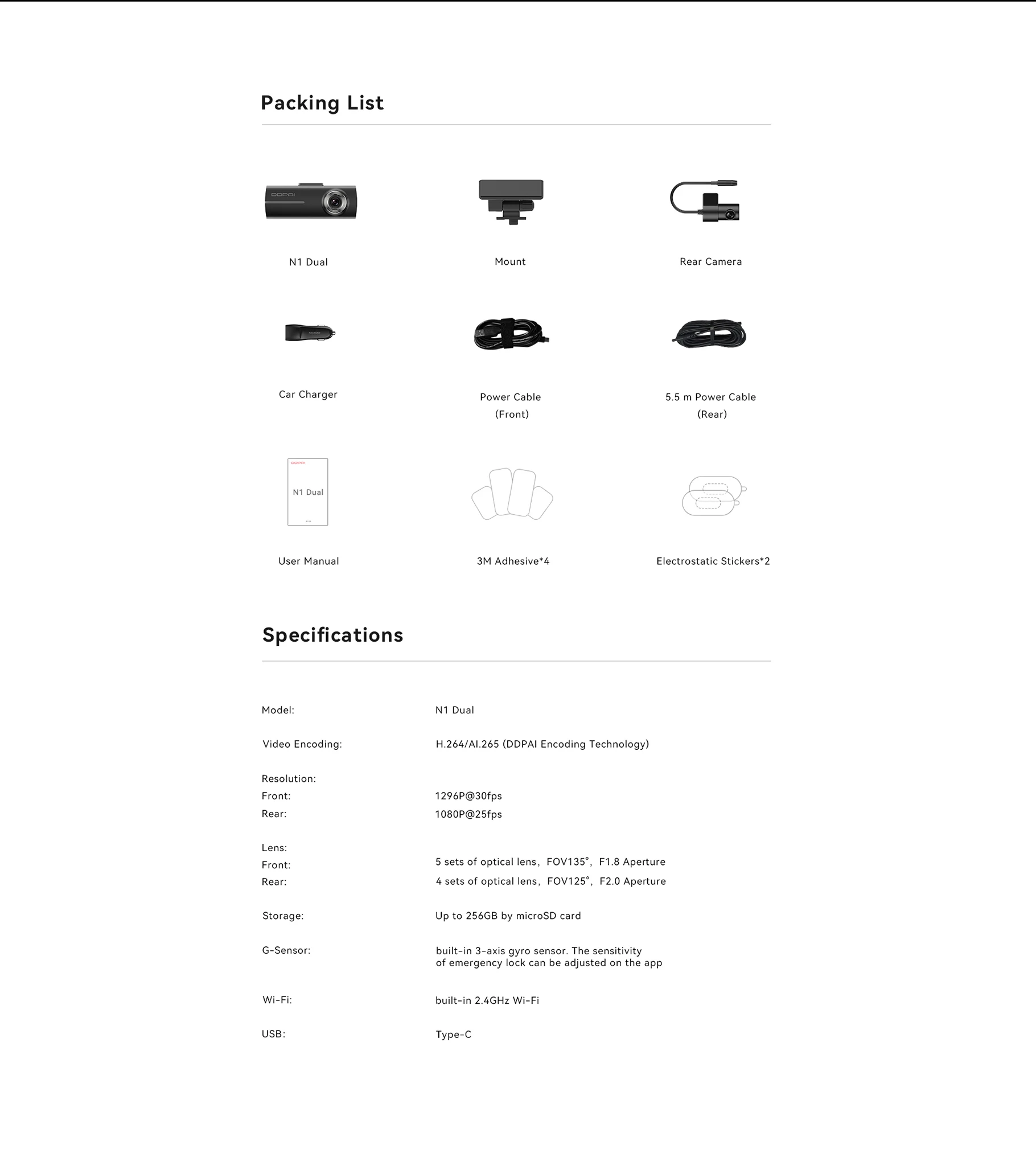 DDPAI Dash Cam  N1 Dual Front & Rear Recording NightVIS 1296P Dash Cam Recorder Car DVR   App Control