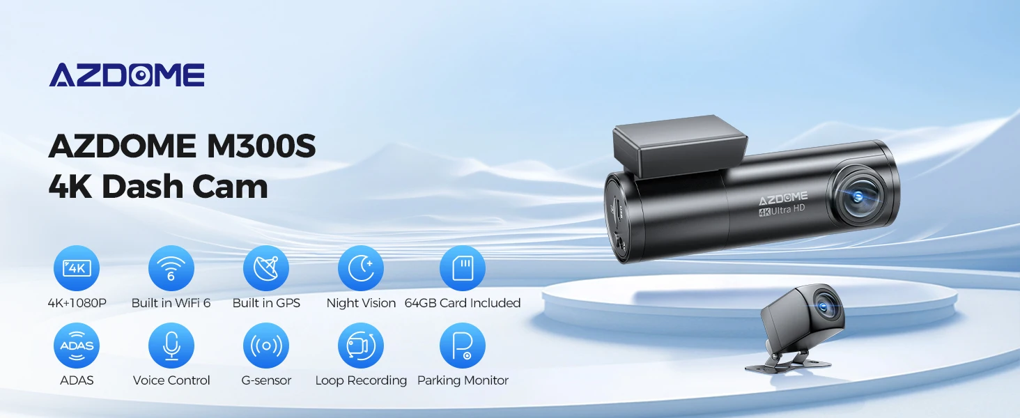 AZDOME Dash Cam M300S 4K+1080P Dual Dash Car Camera Built-in WiFi GPS ADAS Car DVR 24H Parking Mode Night Vision Black Box