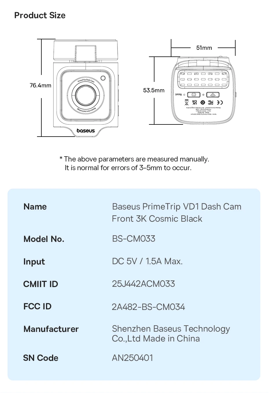 Baseus 3K Dash Cam VD1 Front and Rear Cam HD Built-in GPS Galileo Supercapacitor Car DVR Car Camera Recorder Support 24H Parking