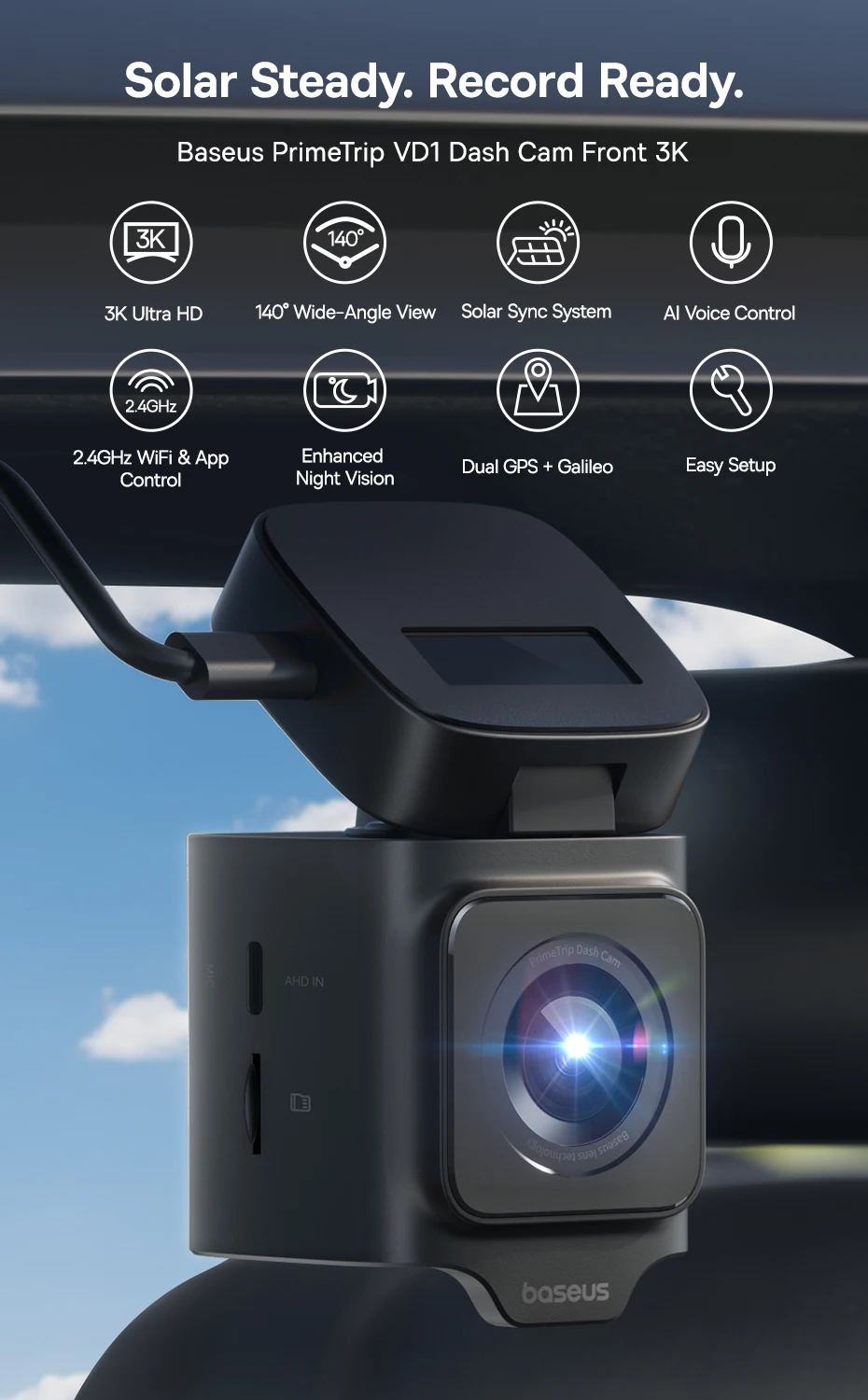 Baseus 3K Dash Cam VD1 Front and Rear Cam HD Built-in GPS Galileo Supercapacitor Car DVR Car Camera Recorder Support 24H Parking