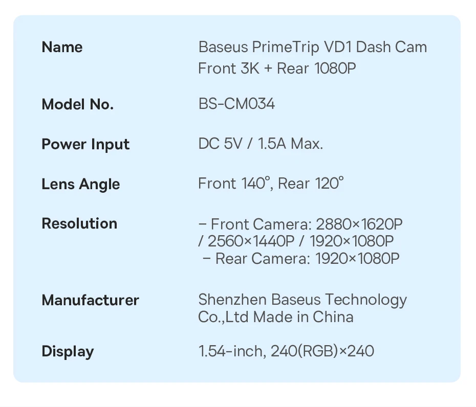 Baseus 3K Dash Cam VD1 Front and Rear Cam HD Built-in GPS Galileo Supercapacitor Car DVR Car Camera Recorder Support 24H Parking