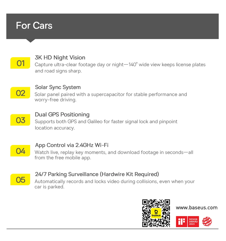 Baseus 3K Dash Cam VD1 Front and Rear Cam HD Built-in GPS Galileo Supercapacitor Car DVR Car Camera Recorder Support 24H Parking