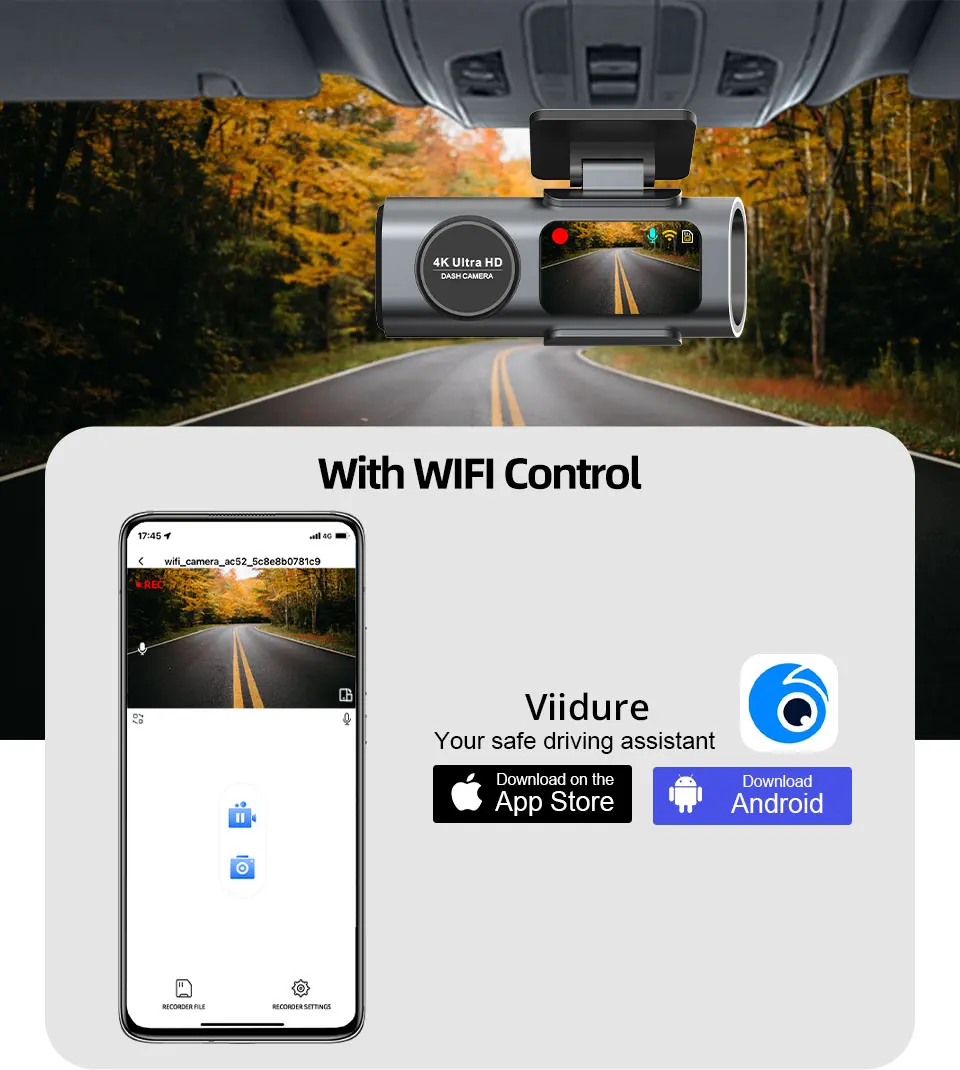 Dash Cam Dual Lens 4K UHD Recording Car Camera DVR Night Vision Video Recorder Support GPS Wi-Fi Room Black Box Rear View Camera